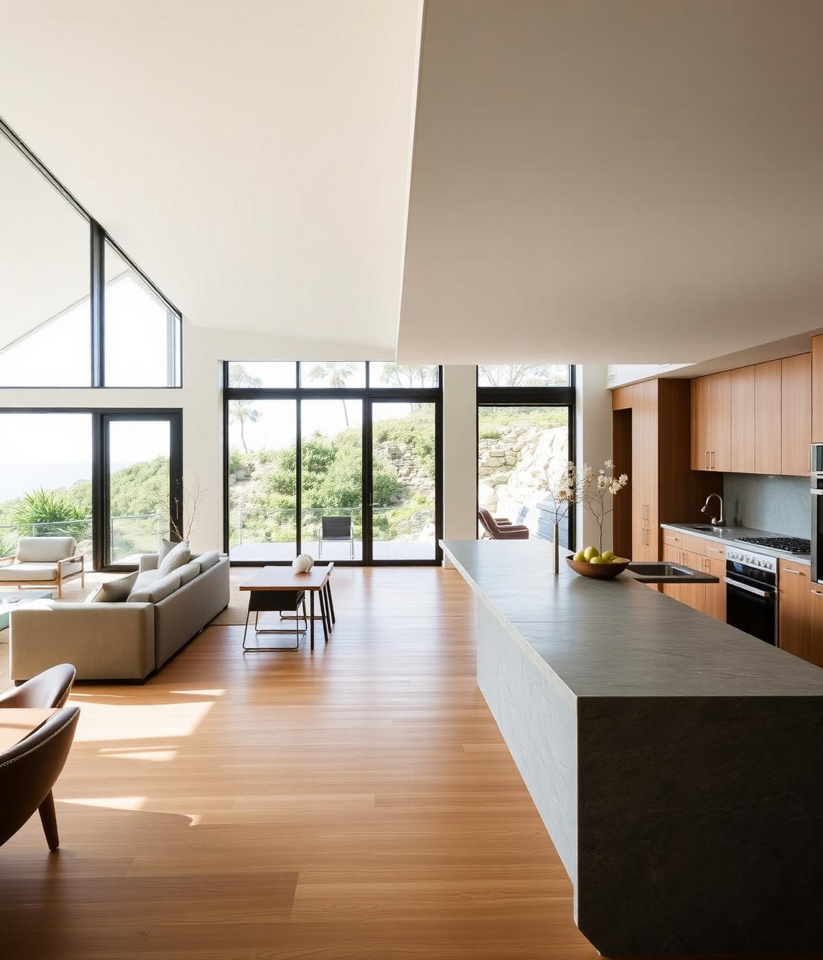 Warm open-plan custom home interior with timber floors and coastal views