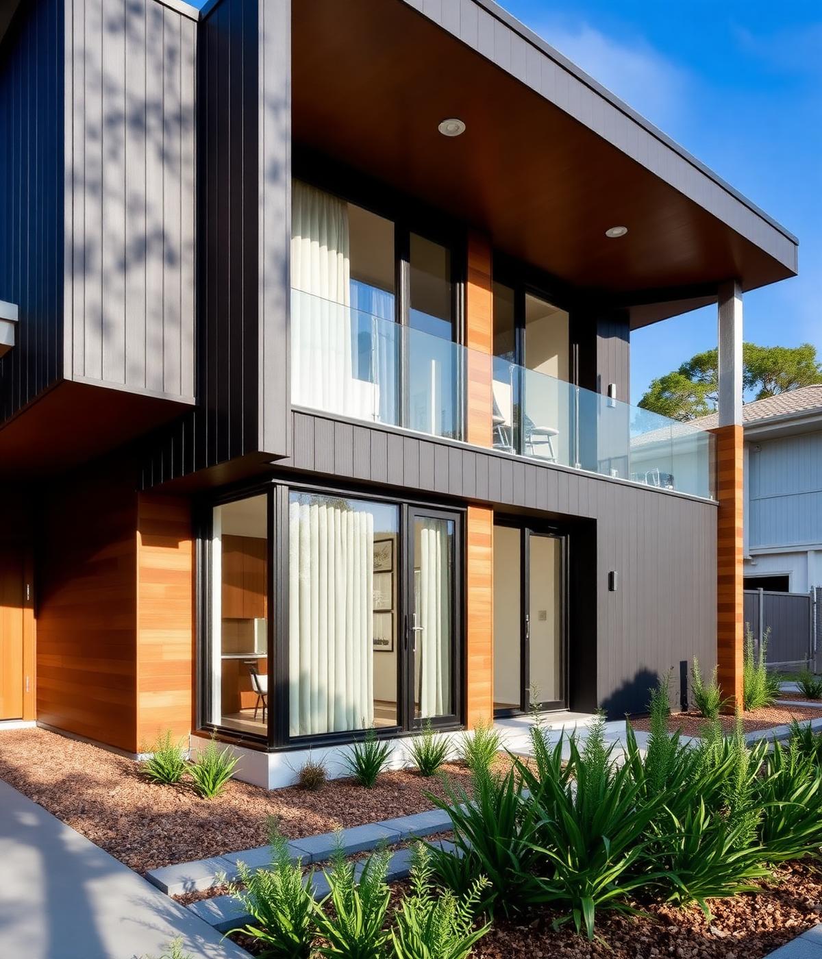 Contemporary modular home exterior with timber and charcoal cladding